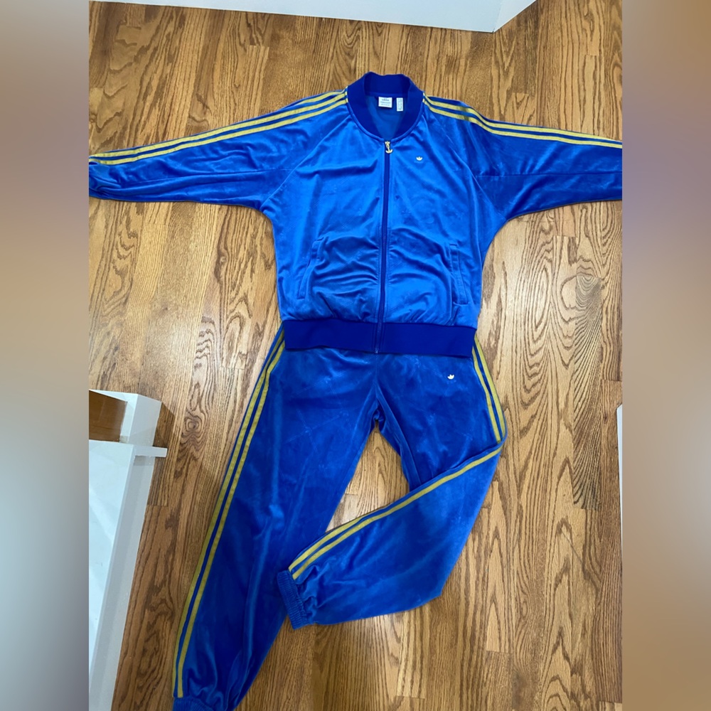 Rare set! Adidas velour track suit pants & jacket. embossed logo. EUC tracksuit